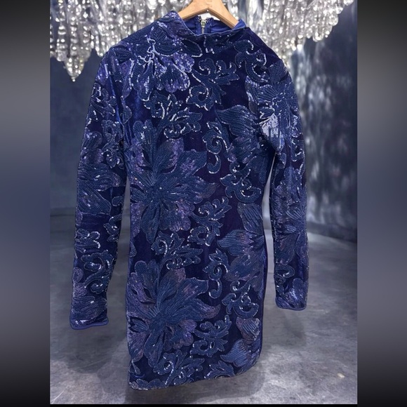 Homecoming Navy Velvet Long Sleeve Mini Dress Sequins - Picture 1 of 8
